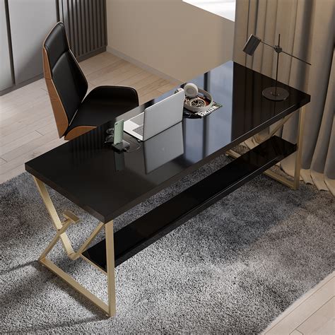 Modern Black Writing Desk with Drawer & Shelf Wood Top & Metal Frame ...