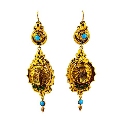 Art Deco Style 0.60 Carat Emerald Turquoise Enamel Yellow Gold Drop Earrings For Sale at 1stDibs