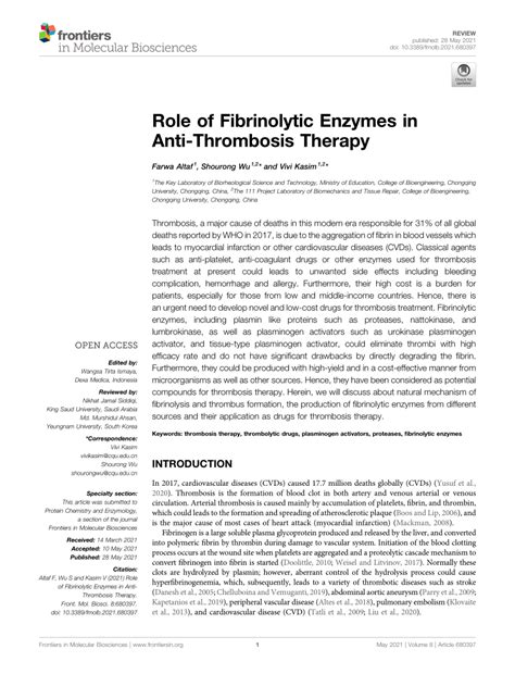 (PDF) Role of Fibrinolytic Enzymes in Anti-Thrombosis Therapy