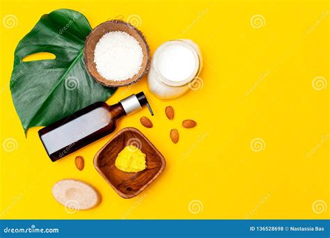 Organic Skin Care Set on Yellow Background. Copy Space Stock Photo - Image of lemon, chips ...