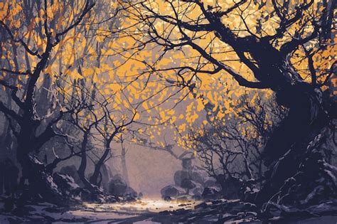 Premium Photo | Night scene of autumn forest,landscape painting