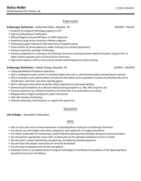 Endoscopy Technician Resume Samples | Velvet Jobs