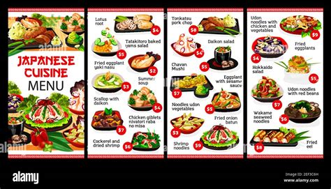 Japanese cuisine restaurant food menu, Japan meals and dishes, vector ...