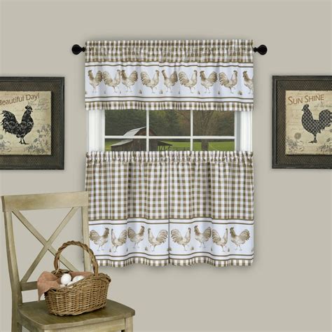 PowerSellerUSA 3 Piece Kitchen Curtain Set, Gingham Tier Pair and Valance, Country Rooster Decor ...