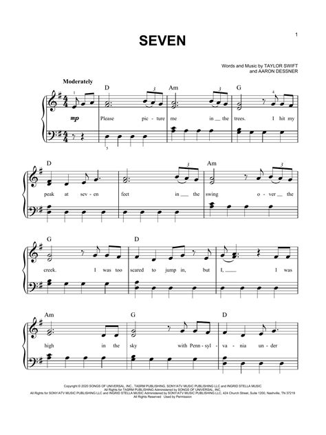 seven Sheet Music | Taylor Swift | Easy Piano