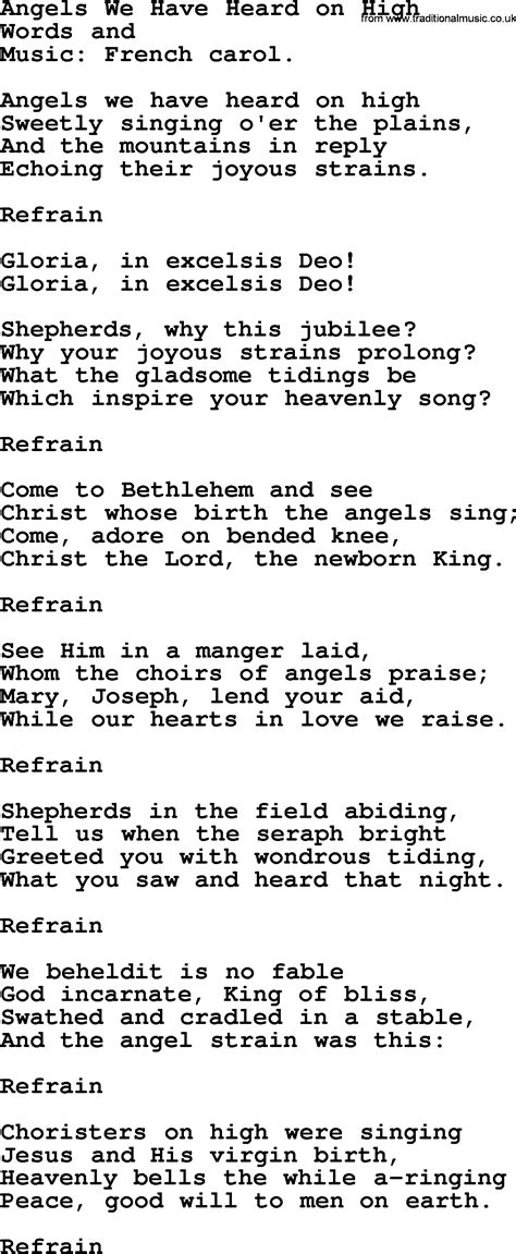 Christmas Hymns, Carols and Songs, title: Angels We Have Heard On High - complete lyrics, and PDF