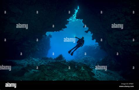 Female scuba diver exploring underwater caves Stock Photo - Alamy