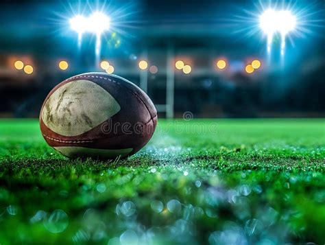 Night Game Rugby Ball on Field Stock Photo - Image of illuminated ...