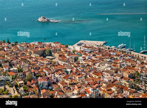 Old Town section of Nafplio, Bourtzi island fortress in distance, at Argolic Gulf, view from ...