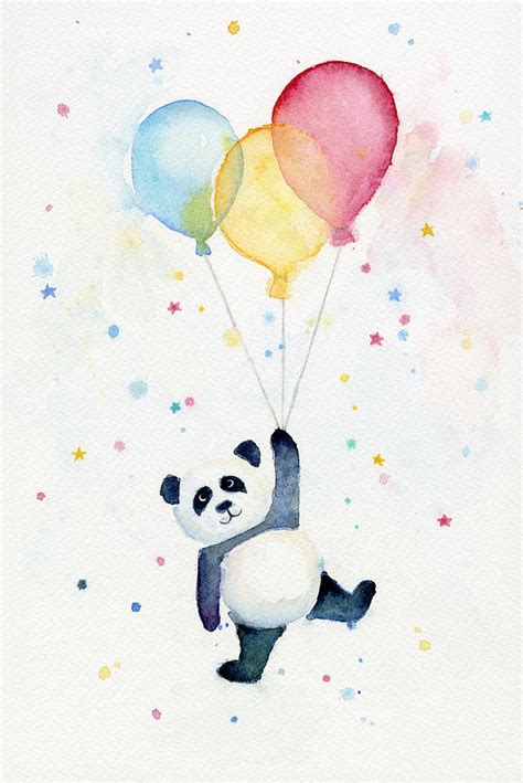 Panda Floating With Balloons Painting by Olga Shvartsur