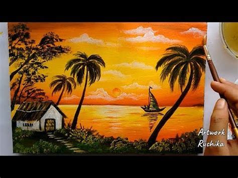 A Beautiful Sunset Scenery Painting | Easy Nature Scenery Painting ...