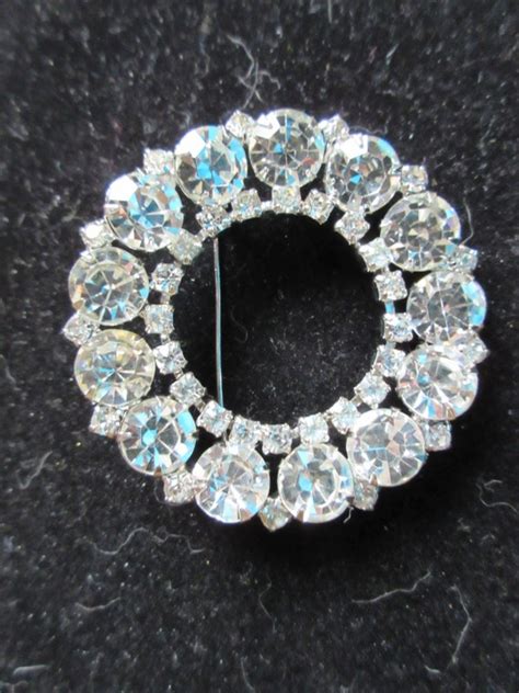 Large Round Clear Rhinestone Brooch unsigned