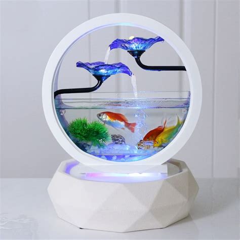 Desktop Water Fountain Small Fish Tank Creativity Table Top Round White ...