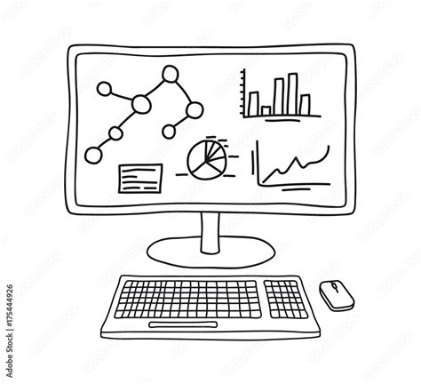 Computer screen with keyboard and mouse displaying statistics and analytics data in hand drawn ...