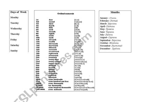 English worksheets: Months, numerals, days of the week