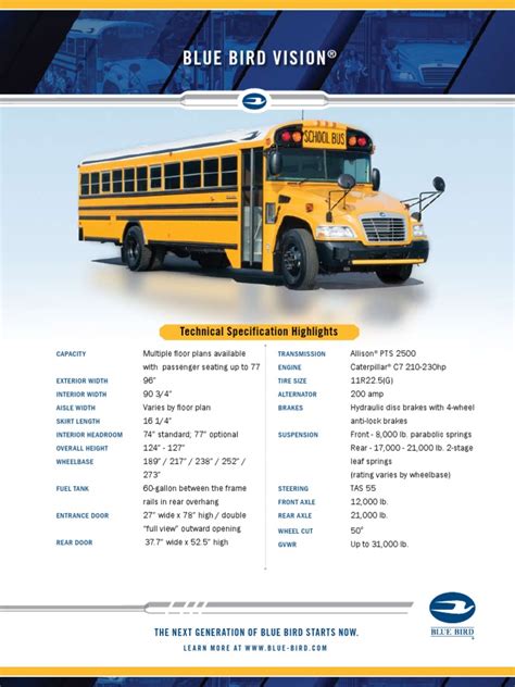 Blue Bird Vision School Bus Specification Sheet (Cat Engine) | PDF ...