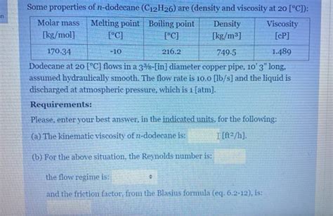 (Get Answer) - An Some Properties Of N-Dodecane (C12H26) Are (Density ...