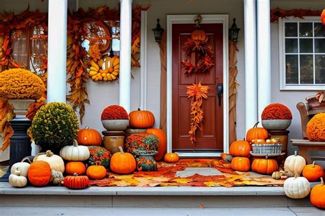 Premium AI Image | Pumpkins on a porch with fall leaves and pumpkins