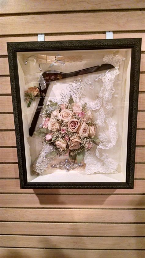 Wedding shadow box: things for me to add; bouquet, hanger, garter, hair pin, tulle from dress ...