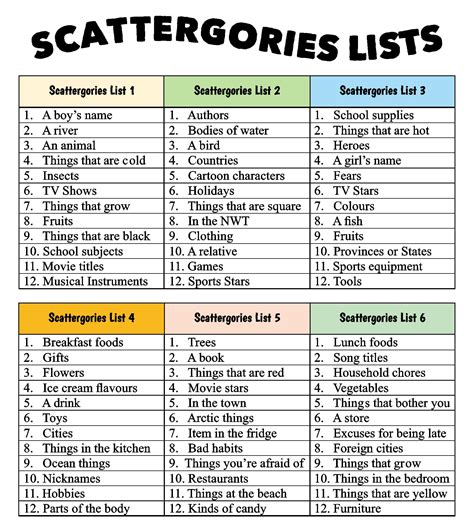 Scattergories Lists 1-12 - 10 Free PDF Printables | Printablee