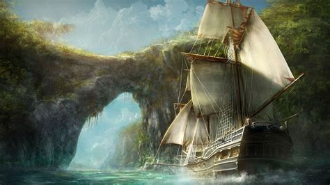 pirates, Old Ship, Ship, Rocks, Water, Bay, Caribbean, Digital Art ...