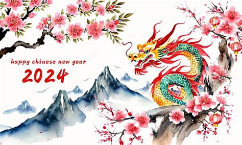 Feliz Ano Novo Chinês 2024 Dragão Vermelho E Dourado Com Pintura A óleo ...