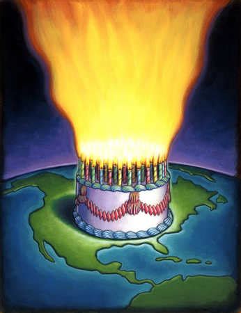 Stock Illustration - Flaming birthday cake over the United States