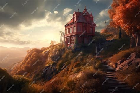 Premium AI Image | A house on a hill with a sunset in the background