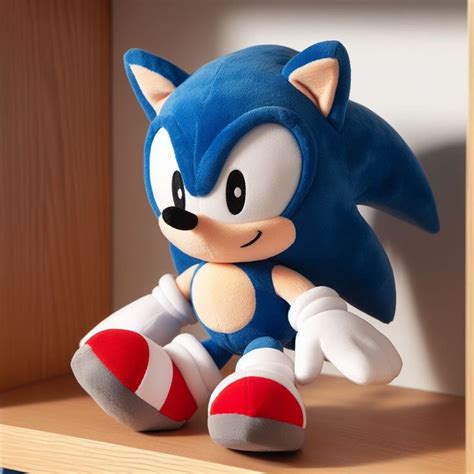 sonic the hedge stuffed animal sitting on top of a shelf