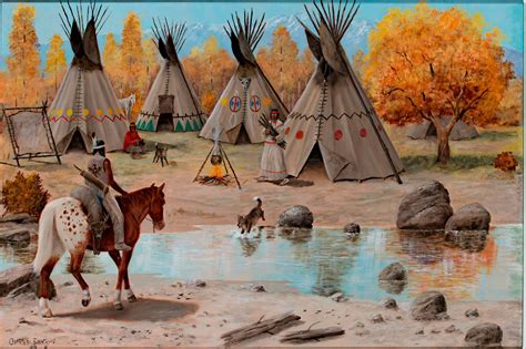 Charles Damrow - "Teepee/Indian Village, " Oil on Wood Panel signed by Charles Damrow For Sale ...