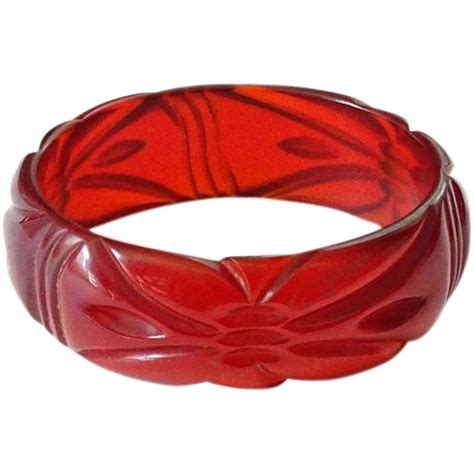 Red Translucent Carved Bakelite Bangle Bracelet Stylized Floral Vintage Tested Bakelite Jewelry ...