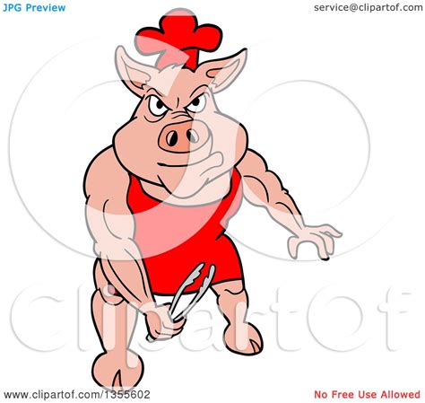 Clipart of a Cartoon Bbq Chef Buff Pig Holding Tongs and Flexing His ...