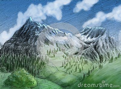 Landscape with two mountains, lots of pine trees and blue sky with long clouds. Colored pencil ...