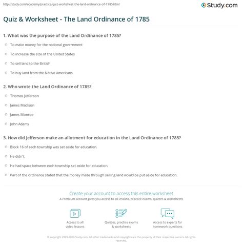 Quiz & Worksheet - The Land Ordinance of 1785 | Study.com