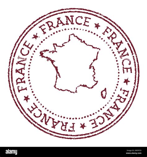 France round rubber stamp with country map. Vintage red passport stamp with circular text and ...