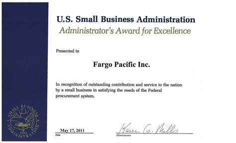 Selected Awards — Fargo Pacific, Inc.