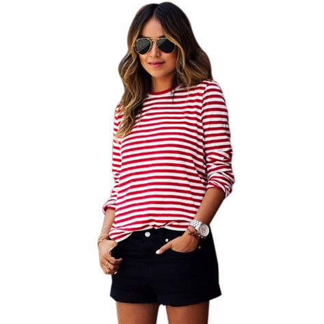 2016 Spring Summer Long Sleeve Red Striped Tee Shirts Women Fashion Plus Size T Shirt Women Tees ...