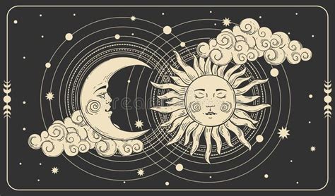 the sun and moon are depicted in this hand drawn illustration, with ...