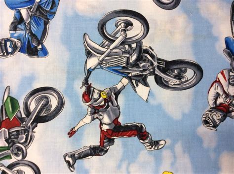 Dirt Bike Racing Stunts Blue Skies Cotton Fabric Quilt Fabric TT19