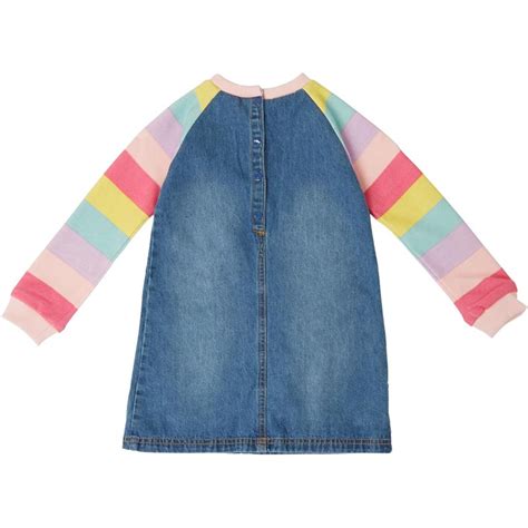 Buy MINOTI Girls Denim Dress With Striped Fleece Sleeves Multi