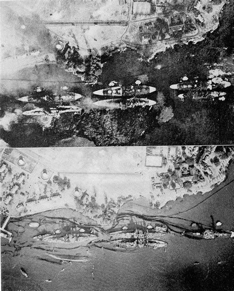 Battleship row, under attack and immediate aftermath. top picture taken by Japanese aircraft ...