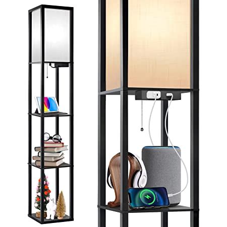 3-in-1 Shelf Floor Lamp with 2 USB Ports and 1 Power Outlet, 3-Tiered LED Shelf Floor Lamp ...