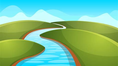 Landscape cartoon, illustration. River, sun, hill. 456503 Vector Art at Vecteezy