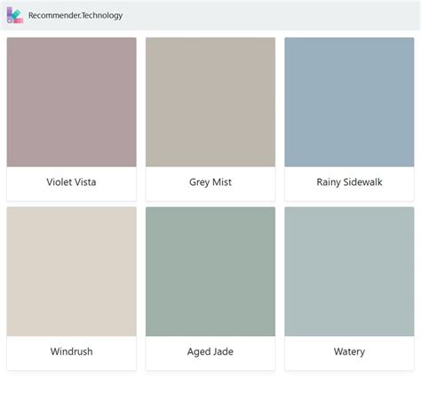 Violet Vista, Windrush, Grey Mist, Aged Jade, Rainy Sidewalk, Watery | Watery paint color, Behr ...