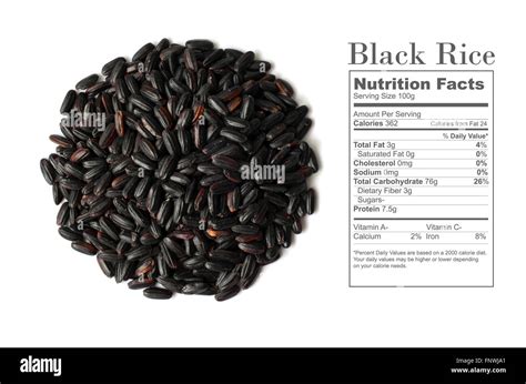 Uncooked Black Rice with nutrition facts on white background Stock ...