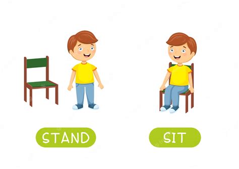 Premium Vector | antonyms and opposites stand and sit. Cartoon characters illustration on white