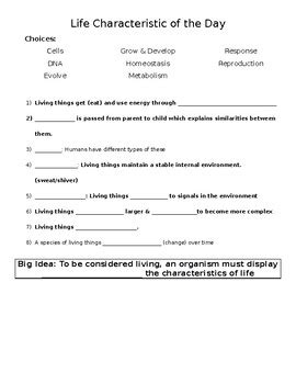 Characteristic of Life Worksheet by Modified in the Midwest | TPT