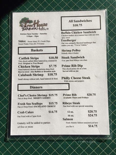 Menu of TreeHouse Bar & Grill, Inc. in Vidalia, GA 30474