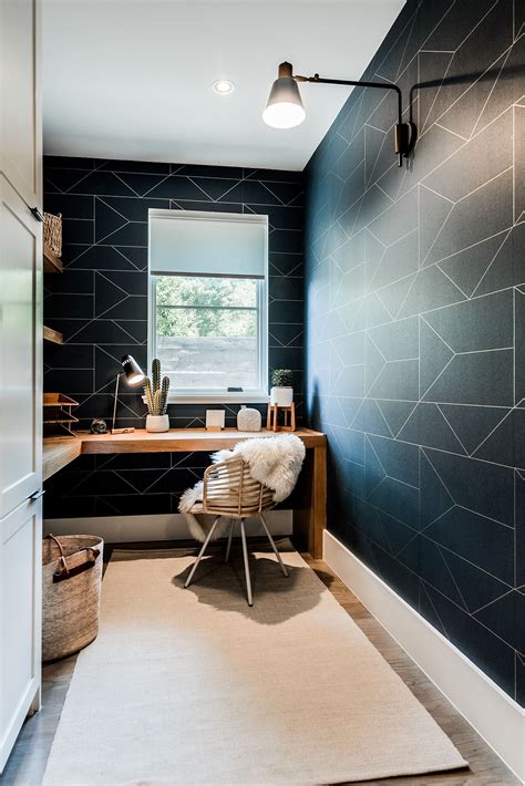 Lakewood Home - Modern home office, geometric wallpaper, navy walls, built in de..., #built ...