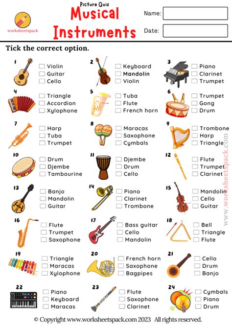 Musical Instruments ESL Images Quiz - worksheetspack